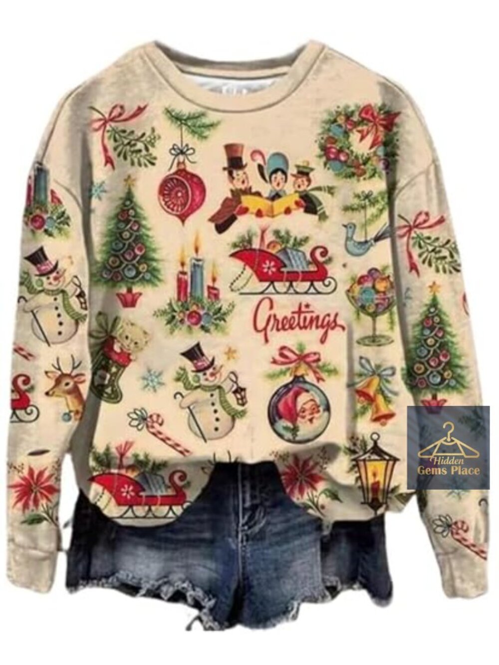 Womens Vintage Christmas Graphic Sweatshirt Cotton Blend Pullover